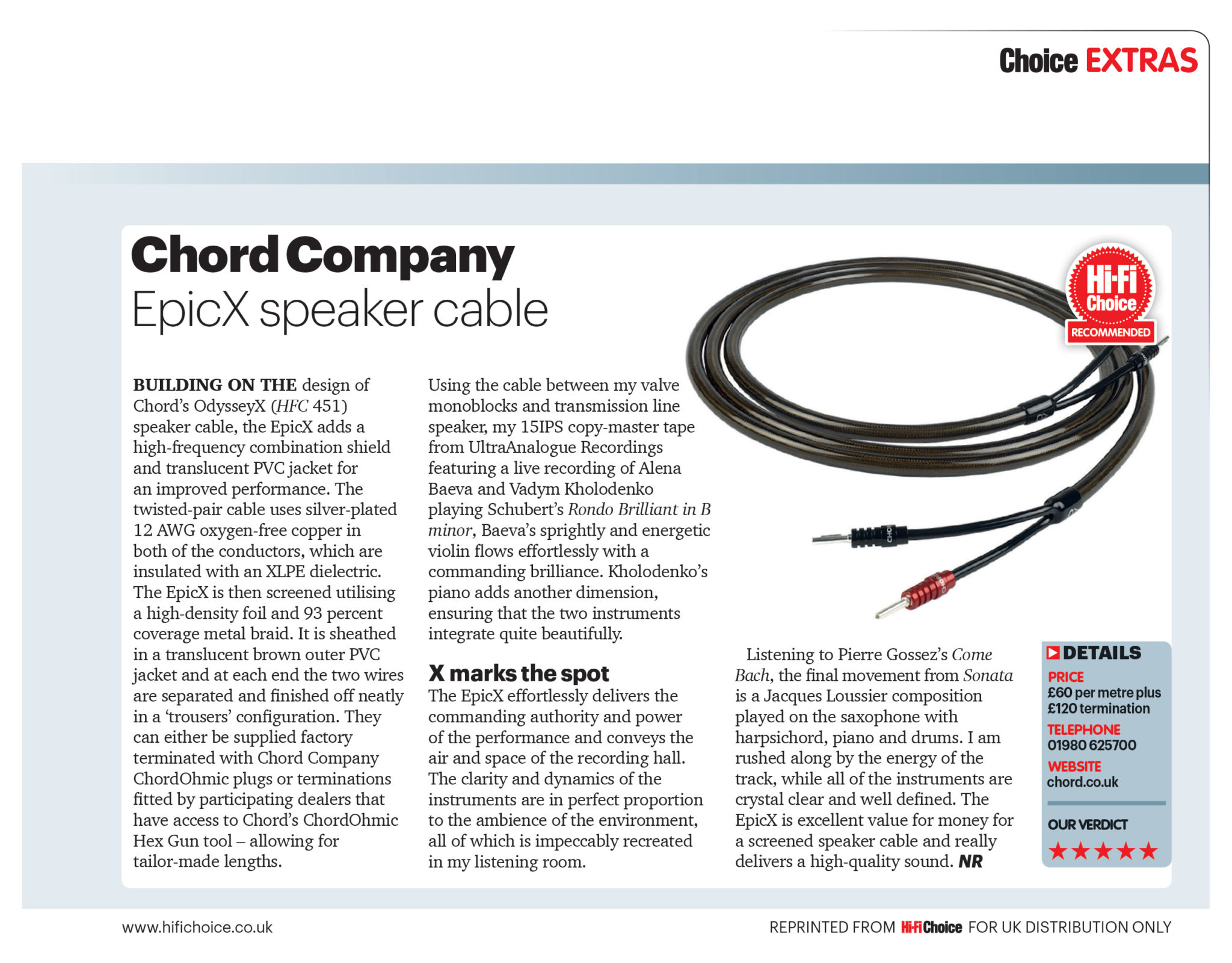 Product review Chord Company EpicX speaker cable HiFi Choice 467 Oct 2020 The Chord Company